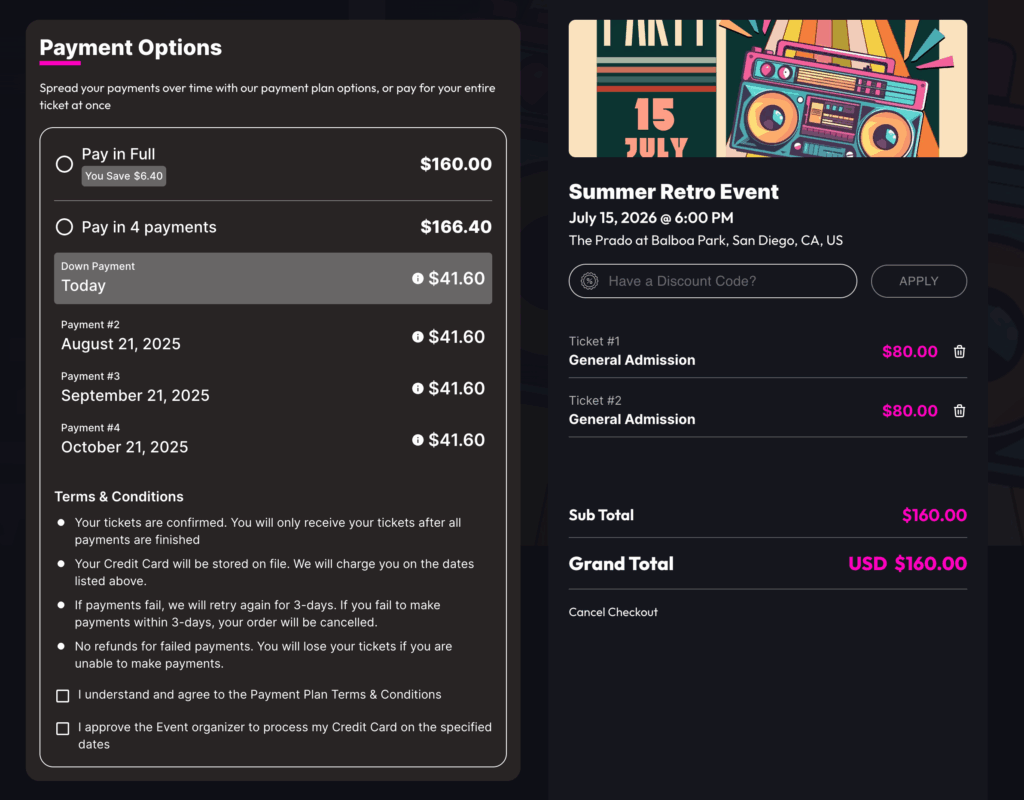 TicketBlox Payment Plans offers maximum flexibility while putting in more money in Event Promoter's pockets.