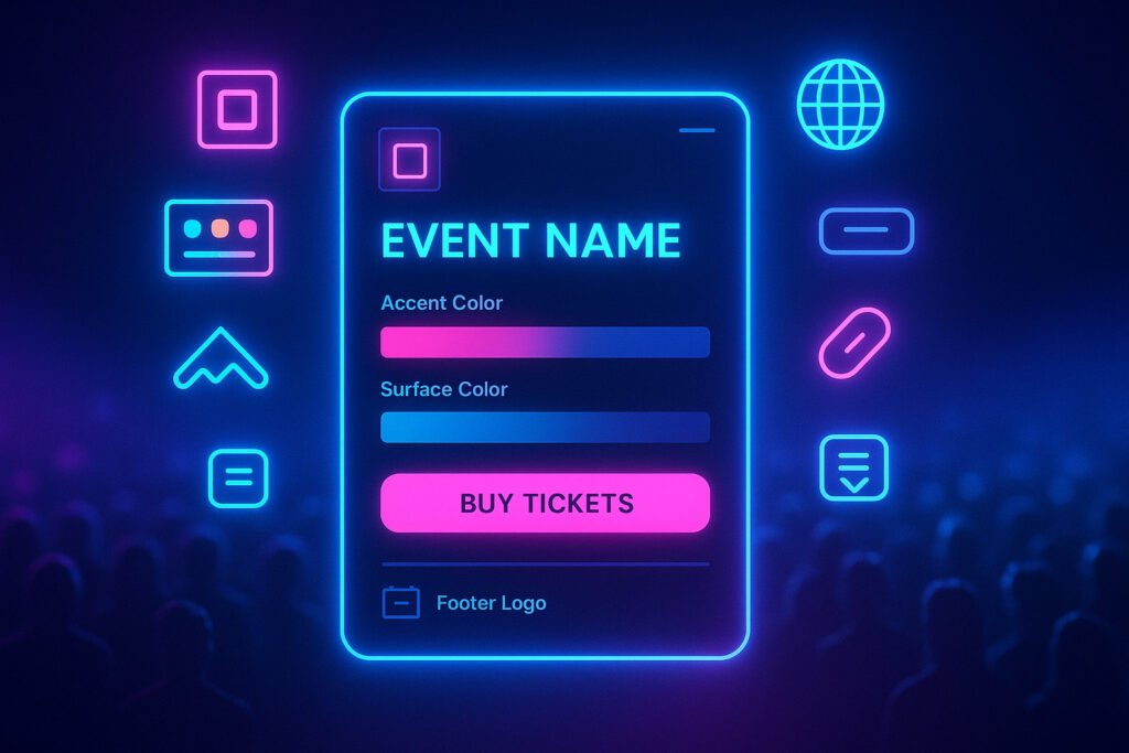 Dark futuristic neon interface in glowing blue and pink tones, showcasing a customizable event checkout screen with brand logos, accent colors, and icons, symbolizing TicketBlox’s fully branded event page experience and high trust conversions.