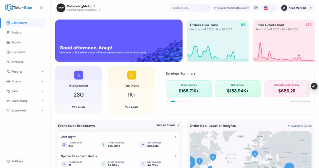 Event Ticketing Operations are simplified with real-time reporting. Get insights about your customers' geography, device configuration and more. 